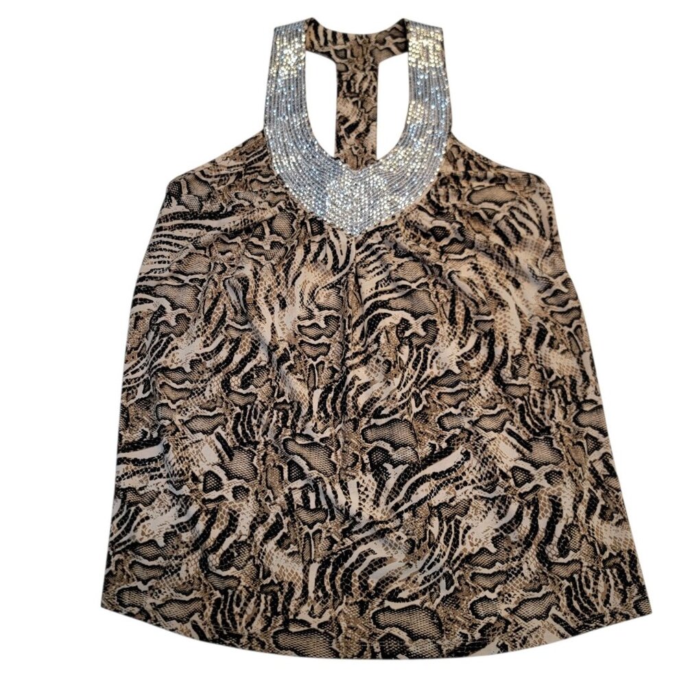 Rock & Roll Cowgirl Top Embellished‎ Neck Sz L  Rhinestones Animal Print